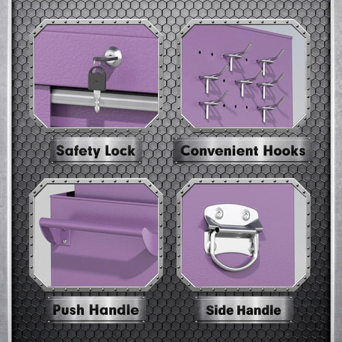 Detail view of Beefy 8-Drawer Rolling Tool Chest With Detachable Top Box And Locking Wheels showing lock, hooks, and handles.