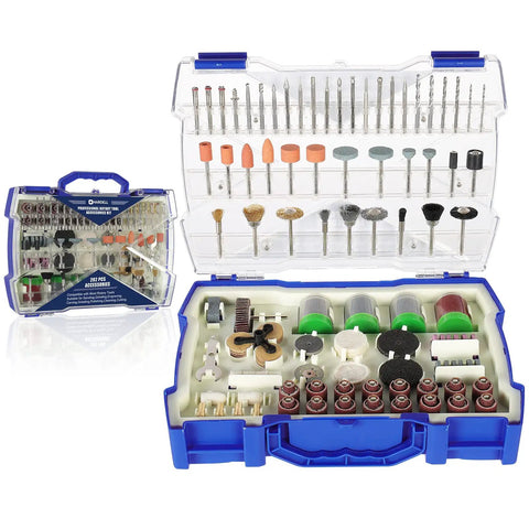 Do It All Rotary Tool Accessories Kit With 282 Pcs And One Eighth Inch Shank Bits for cutting, sanding, grinding in blue case.