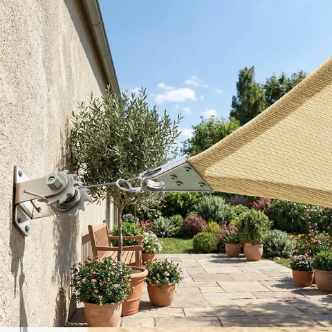 Close-up of Heavy Duty 12x16 Beige Sun Shade Rectangle Shade Sail With Super Ring Canopy Awning For Patio Carport Yard UV Blocking 260 GSM