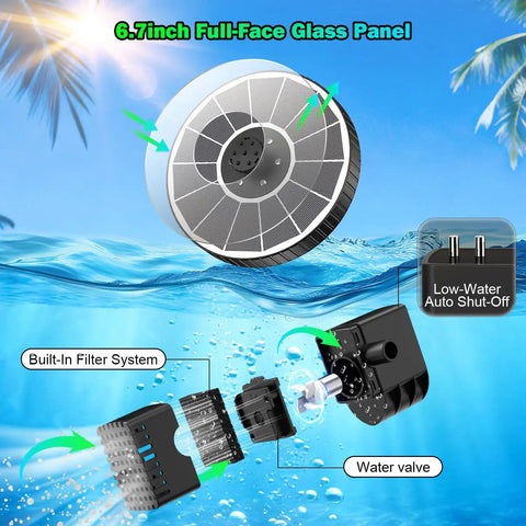 Sun Powered 3.5W Glass Solar Fountain With Swivel-Out Rods LED Lights 2000mAh Battery And 7 Nozzles feature detail