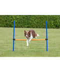 Dog jumping over Pro Grade Dog Agility Hurdle With Height Adjustable Crossbar for training in grassy field