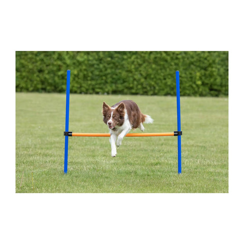 Dog jumping over Pro Grade Dog Agility Hurdle With Height Adjustable Crossbar for training in grassy field