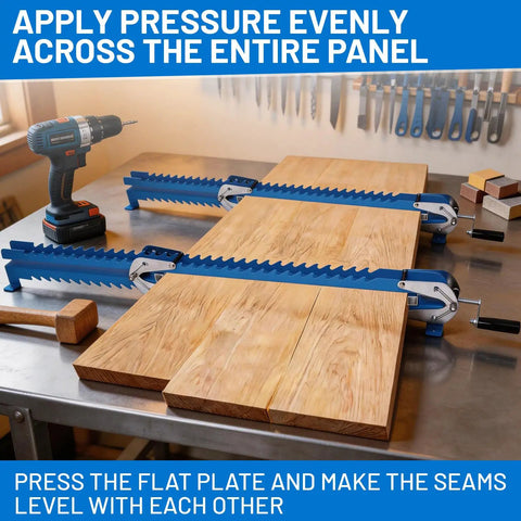 41 Inch Panel Clamps Set of 2 for Woodworking, Adjustable Four Way Steel Clamps for Tables Benchtops Cutting Boards Tabletops and Cabinet Making, Pro Grade Glue Ups, Warp Resistant, Heavy Duty Clamping Tools for Perfect Joints. Panel clamps securing wood boards on a workbench for glue-up