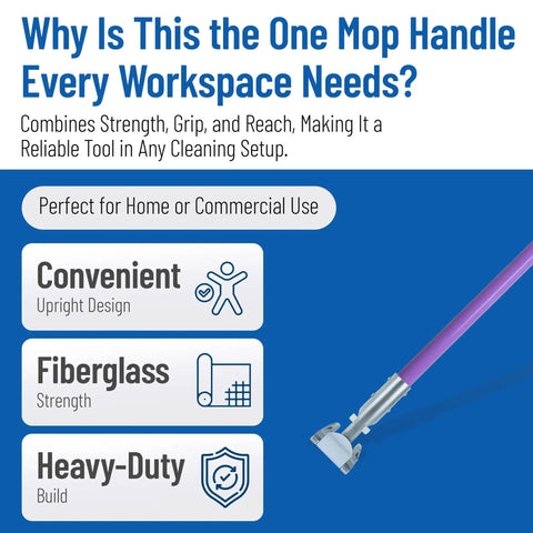 60 Inch Fiberglass Dust Mop Handle With Clip On Jaw Clamp Connector For Quick Attachment To Compatible Frames And Heads For Floor Cleaning In Commercial Janitorial Use Purple with durability and convenience features.