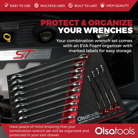 Beefy Metric Wrench Set 15-Piece 8mm To 22mm, Unbreakable Chrome Vanadium Steel displayed in EVA Foam organizer.
