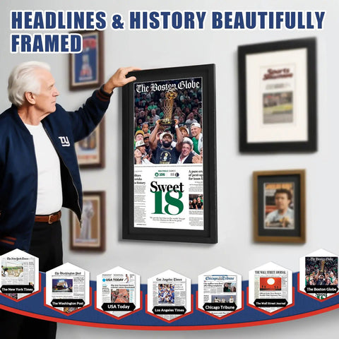 Person admiring Newspaper Display Frame Set Premium Wood With Clear Acrylic Panel Fits 11 By 22 Up To 13 By 24 Newspapers Wall Mount
