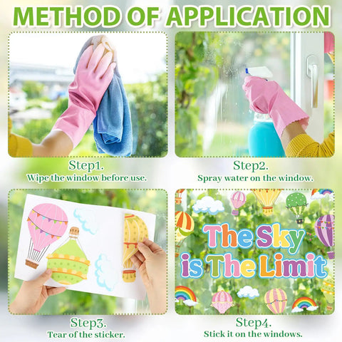 Steps to apply Colorful Hot Air Balloon Window Clings Set for Back to School Decor Double Sided Classroom Glass Decals 9 Sheets