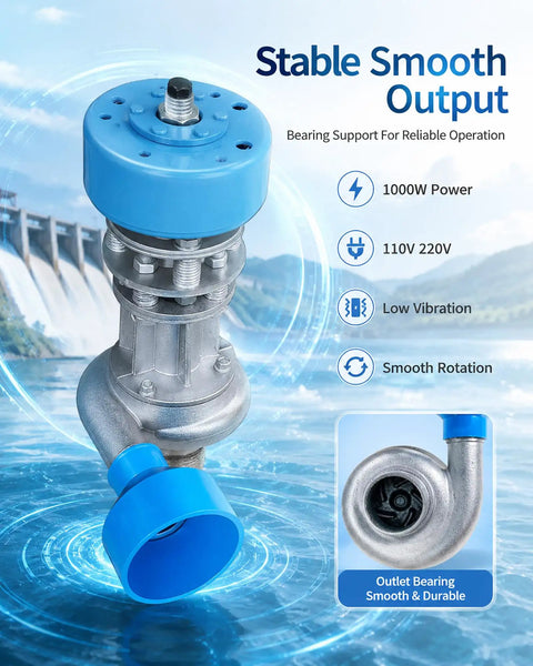 Close-up of 1000W Micro Hydroelectric Generator Aluminum Alloy Water Turbine showcasing smooth operation features.