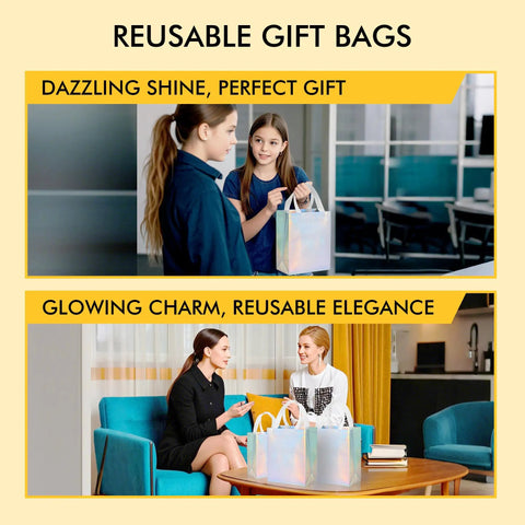 Two women gifting Iridescent Glossy Gift Bags Set, 15 Pcs Medium Size 8x4x10 Inch with handles in a cozy setting