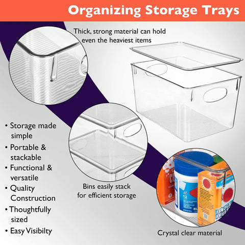 Hella Organized Plastic Storage Bins With Lids, Big capacity deep containers showing stackable design and clear material for pantry.