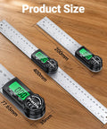 Hassle Free Rechargeable Digital Angle Finder With Type C Charging Auto Shut Down And Straight Up Precision For Heavy Duty Woodworking Carpentry And Quick Handyman Installations Game Changer showing three sizes on a wooden surface.