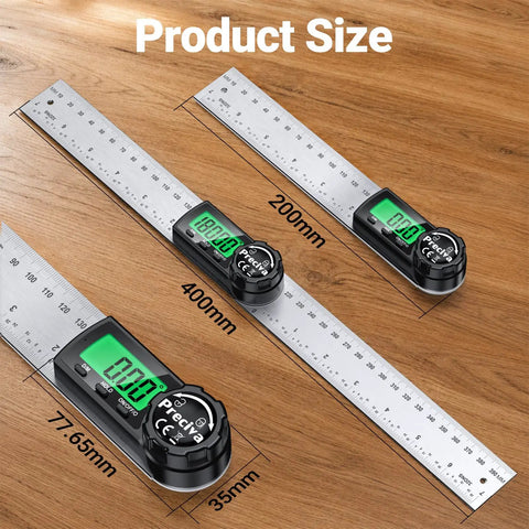 Hassle Free Rechargeable Digital Angle Finder With Type C Charging Auto Shut Down And Straight Up Precision For Heavy Duty Woodworking Carpentry And Quick Handyman Installations Game Changer showing three sizes on a wooden surface.