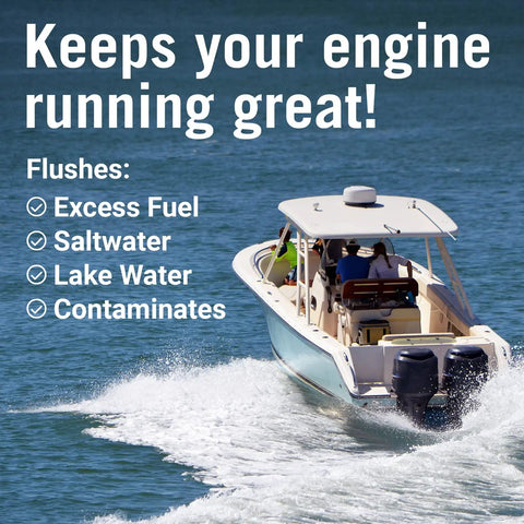 Boat using Dual Flow Water Muffs For Outboard Motors, Dockside Ready Double Sided Engine Flush Kit With Hose Adapter