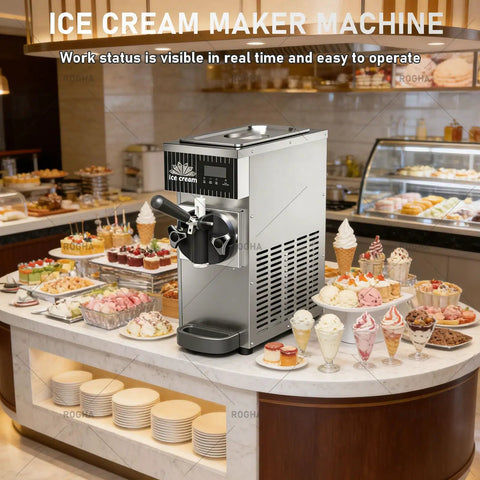Knockout Commercial Soft Serve Ice Cream Maker Boasting High Yield Countertop Build in busy cafe setting with desserts.
