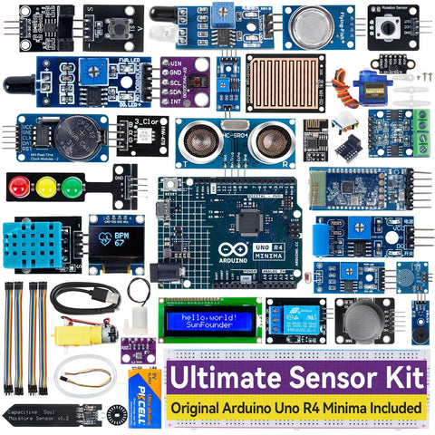Ultimate Sensor Kit For Arduino Uno R4 Minima With RoHS Certified Sensors, showing components and Arduino board.
