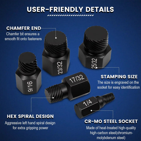 Pro Grade Heavy Duty Screw Extractor Set with hex head, multi spline, chrome-moly steel, engraved sizes, and chamfer end features