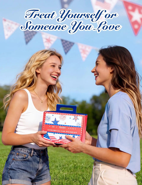 Two women exchanging a Fourth Of July Gel Nail Polish Kit With UV Light And 6 Festive Red White Blue Shades outdoors.