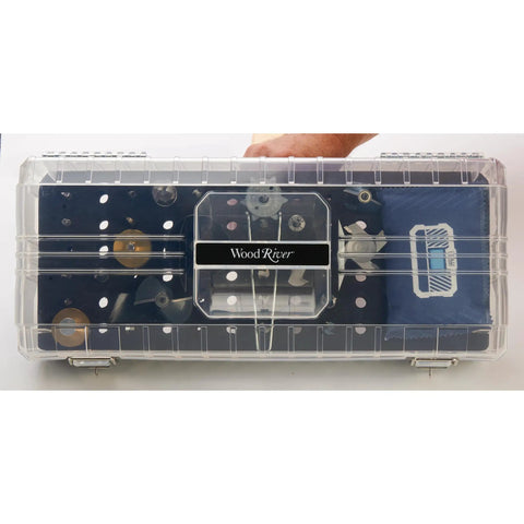 Built Rock Solid Clear Abs Router Bit Storage Organizer Box With Custom Foam Insert And Rechargeable Desiccant Bag To Keep Your Half Inch Quarter Inch And Eight Millimeter Bits Dry In The Workshop, transparent storage box with tools inside.