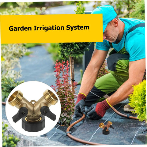Two Pack Brass Hose Y Splitter With Quick Connect Garden Hose Connector And Water Adapter For Dual Outlets installed in garden