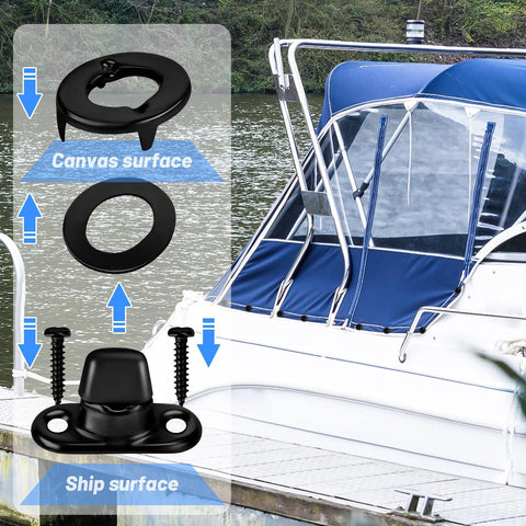 Front view of marine-grade twist-lock fastener kit: black turn-button eyelets with screws for canvas on boats