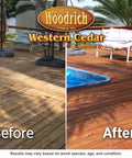 Before and after comparison of wood deck treated with Hands Down The Best Deep Timber Oil And Wood Stain For Exterior Decks Fences And Cabin Siding In Western Cedar.