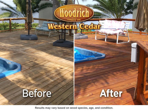Before and after comparison of wood deck treated with Hands Down The Best Deep Timber Oil And Wood Stain For Exterior Decks Fences And Cabin Siding In Western Cedar.