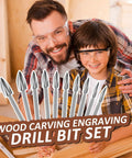 Father and son using 20 Piece Handy Wood Carving Tools Set With HSS Engraving Drill Accessories And HSS Carbide Rotary Burr Bits