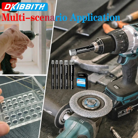 Five Piece Diamond Tile Drill Bit Set For Porcelain Ceramic Granite Marble And Glass With Round Shank Sizes shown with tools