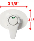 Ezy Check Swivel Appliance Lock for ovens shown with dimensions, green locked indicator, white finish