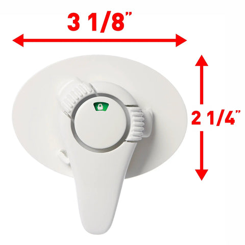 Ezy Check Swivel Appliance Lock for ovens shown with dimensions, green locked indicator, white finish
