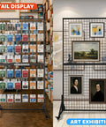 Two Pack Hella Durable Rolling Wire Grid Wall Panels Featuring Twenty Straight Up Sturdy Hooks For Retail Shops Craft Fairs Mobile Vendor Booths And Weekend Markets In Black displaying various items in a retail and art setting.