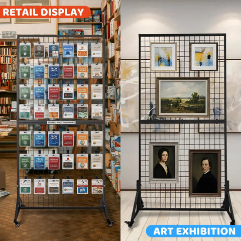 Two Pack Hella Durable Rolling Wire Grid Wall Panels Featuring Twenty Straight Up Sturdy Hooks For Retail Shops Craft Fairs Mobile Vendor Booths And Weekend Markets In Black displaying various items in a retail and art setting.