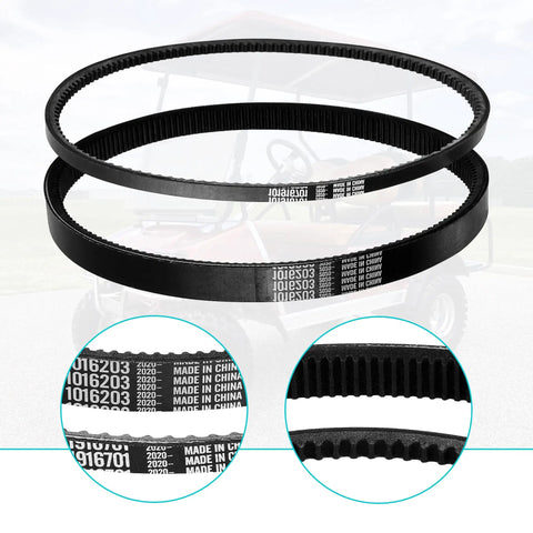2 Pack Heavy Duty Golf Cart Drive And Starter Belt Kit For DS 1997 And Up And Precedent 2004 And Up With FE290 FE350 Kawasaki OHV Engines Replaces OEM 101916701 Includes Clutch Drive And Starter Belts close-up view showing labeled belts