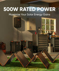SolarSaga 500X 500W solar panels with 25 percent bifacial efficiency set up in a garage with IP68 outdoor readiness