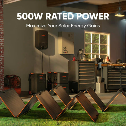 SolarSaga 500X 500W solar panels with 25 percent bifacial efficiency set up in a garage with IP68 outdoor readiness