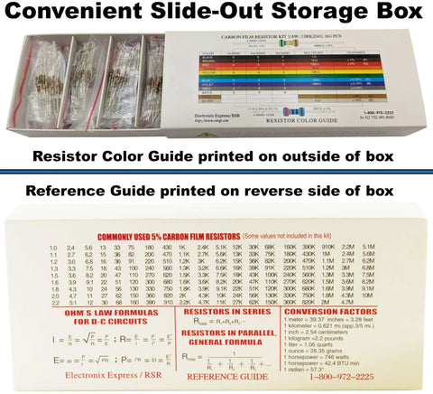 Resistor Kit 365 Piece One Quarter Watt Carbon Film With Color Guide And Reference Guide On Cardboard Storage Box, open view
