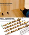 All Metal Pocket Hole Jig Kit For Pros shown with drill, woodwork setup, and titanium plated three eighths inch stepped drill bits.