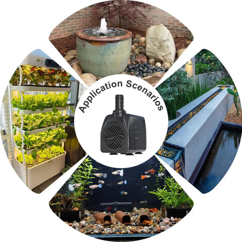 Quiet 25W Submersible Water Pump With 10 Foot Power Cord And 400GPH Flow, Tubing Included, shown in various application setups