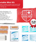 Swiss Safe red first aid kit pouch with logo; contains bandages, gauze pads, alcohol pads, and tweezers.