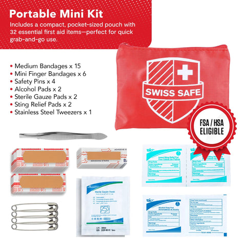 Swiss Safe red first aid kit pouch with logo; contains bandages, gauze pads, alcohol pads, and tweezers.
