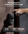 All In One Dope Smart Door Lock With Camera And Video Doorbell on wooden door with fingerprint access being used
