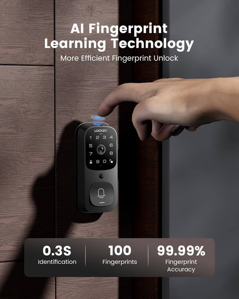 All In One Dope Smart Door Lock With Camera And Video Doorbell on wooden door with fingerprint access being used