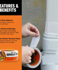 Person using Gorilla Tape on gutter pipe with text detailing features like grip and weather resistance.
