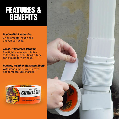 Person using Gorilla Tape on gutter pipe with text detailing features like grip and weather resistance.