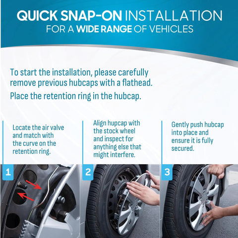 Step-by-step guide to installing 15 Inch Steel Wheel Hubcaps with Durable Metal Retention Rings, easy clip on for vehicles
