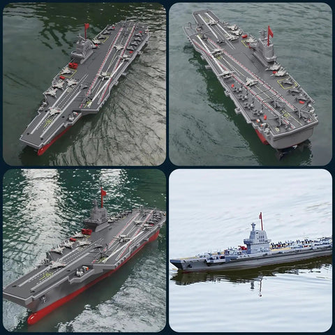 Amped Up Remote Control Warship Boat With 2 4G Link Twin Motor Power floating on water, showcasing detailed build and design features