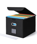 Black No Brainer File Organizer Box With Lid Large Hanging File Folder Organizer With Plastic Slide, collapsible, with colorful folders.