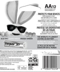 Packaging of AA12 Energizer batteries highlighting protection and long-lasting power in multiple languages, with Energizer mascot