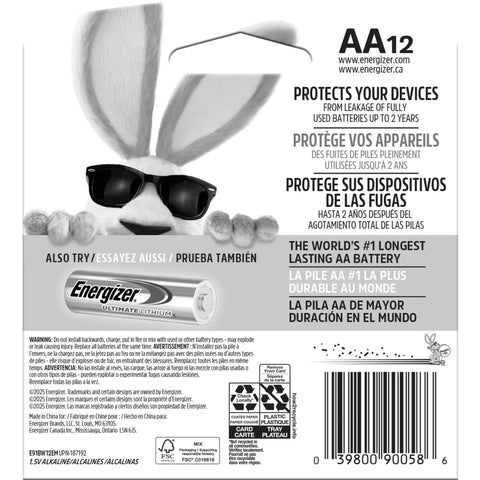 Packaging of AA12 Energizer batteries highlighting protection and long-lasting power in multiple languages, with Energizer mascot