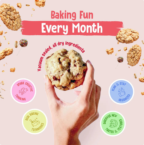 Child holding a cookie with text highlighting features of 6 Month Kids Baking Subscription Kit With Pre Measured Ingredients, Step By Step Recipes.